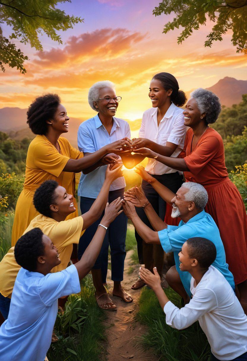 A warm, inviting scene of diverse people of varying ages and backgrounds sharing joyful moments together, surrounded by nature, highlighting deep connections and companionship. Include elements like intertwined hands, laughter, and a vibrant sunset in the background to symbolize love and unity. super-realistic. vibrant colors. soft lighting.