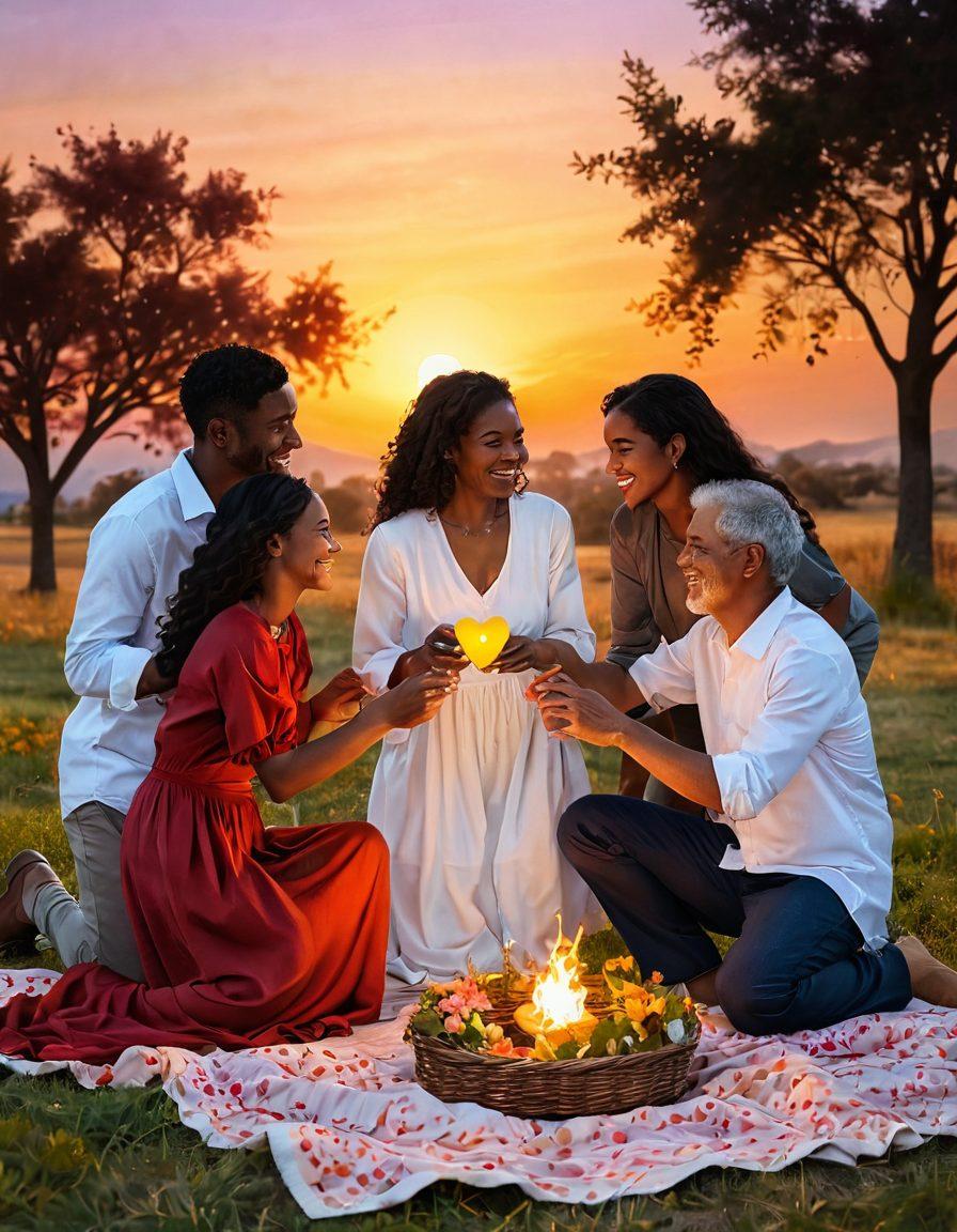 A warm scene depicting diverse people of different ages and backgrounds sharing moments of love and connection, such as a family picnic, friends laughing together, or a couple holding hands in a sunset backdrop. The setting exudes warmth and joy, with flowers and soft light enhancing the atmosphere of togetherness. Include elements like hearts or soft, glowing orbs surrounding the characters to symbolize love. painting. vibrant colors. warm tones.